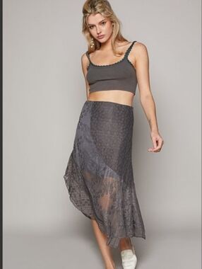 POL Asymmetrical Sheer Lace-Panel Midi Skirt in Charcoal Gray